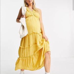 yellow maxi v neck tiered maternity dress
